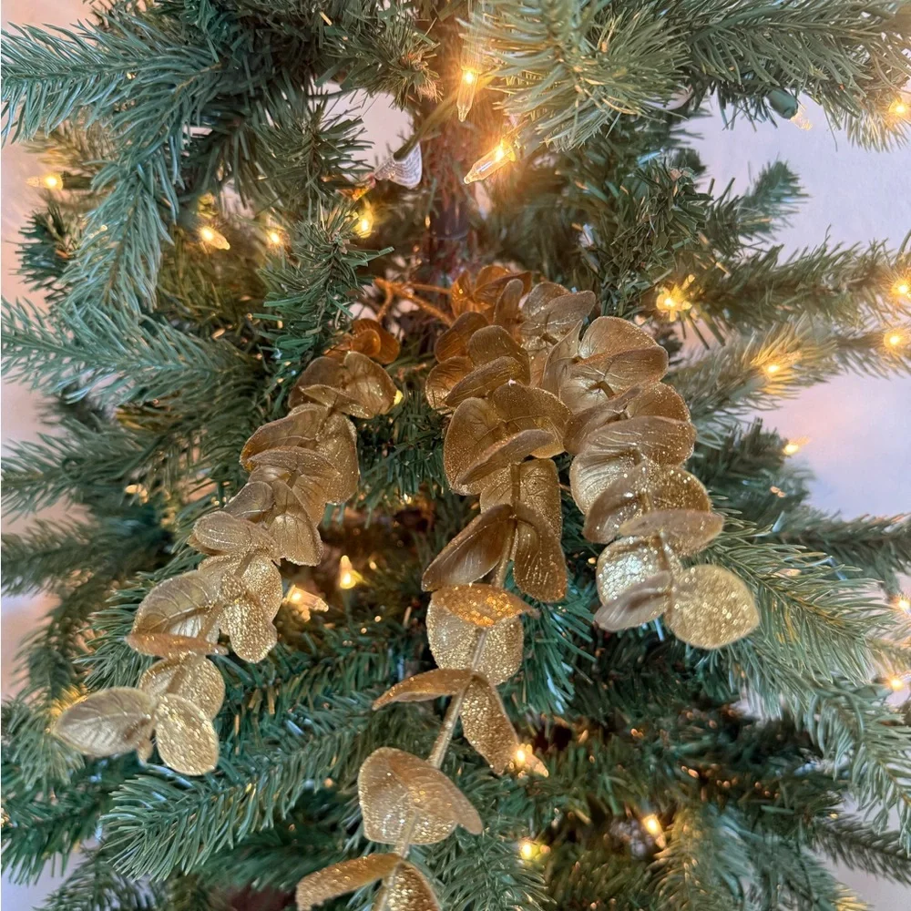 New Gold Metallic Faux Eucalyptus Christmas Floral Stems 26” - Set of 5